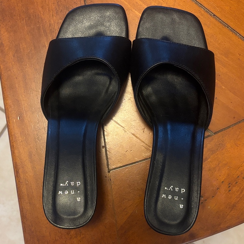 a new day Black Leather Slide Mules - Square Toe